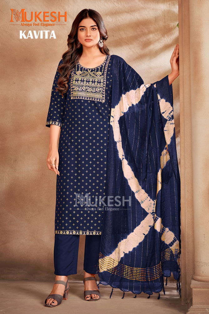 Mukesh Kavita Rayon Foil Printed Kurti With Bottom Dupatta Wholesale Market In Surat
